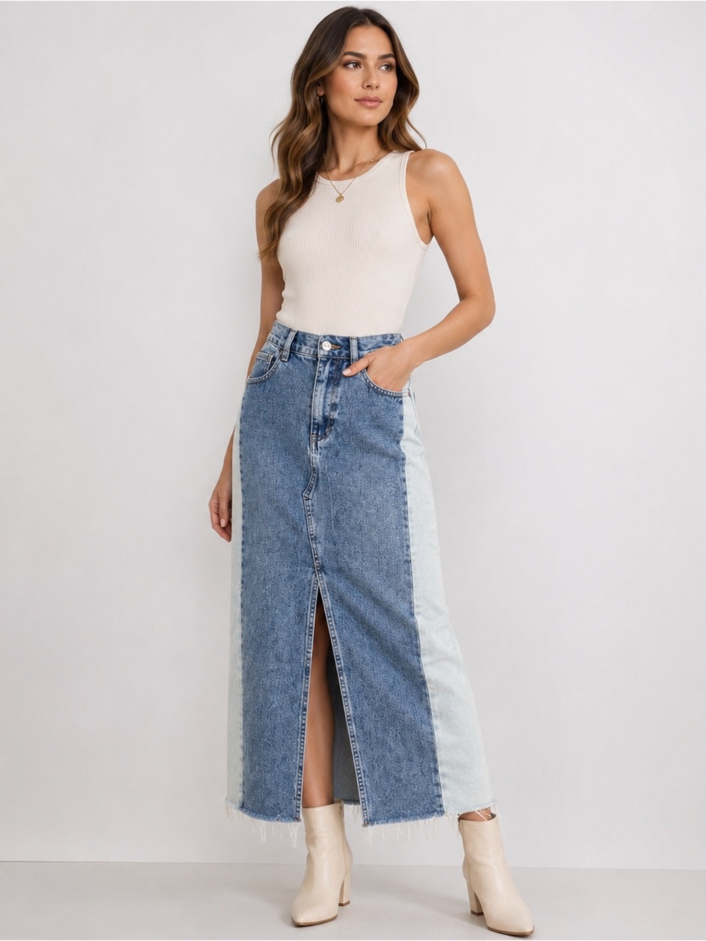 Free People Sara Denim Maxi Skirt Women’s 28 Two Tone Panel Patch Pocket Boho